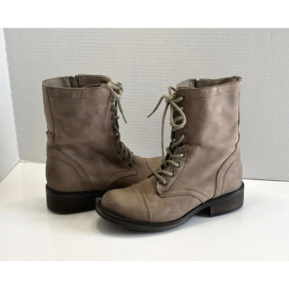 Steve Madden Troopa Women's 8 Combat Boot Taupe Leather Boho Biker Lace Up Zip